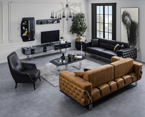 Chesterfield Sofa Garnitur Sofa 431 Sëtzer Kënschtlechem Lieder Sofaen Schwaarz