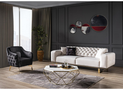 Chesterfield Canapé-Set Sofa 3+1 Sëtzer Sesselle Stoff Luxus Wäiss Canapéen