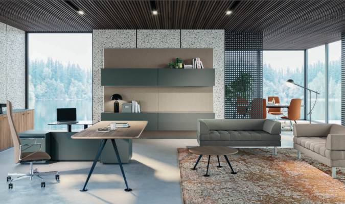 Eckschafft Miwwelen Büro Zëmmer Miwweldesign Schreifdësch Holz Dësch Dëscher