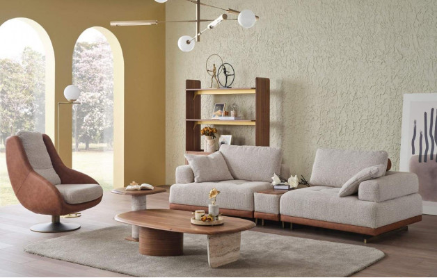 Modern Sofagarnitur 3+1 Sëtzer Beige Design Set Wunnzëmmer Sofa Couch
