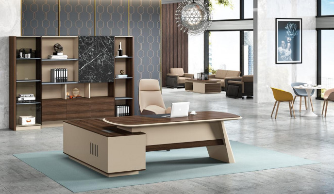 Büroausstattung Schreifdësch Dëscher Chef Dësch + Akteschaf Regal 2-Stéck.