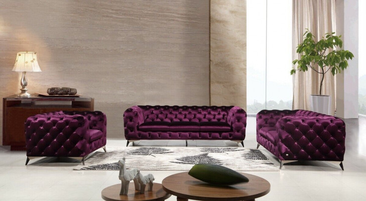 Luxus Héichwäerteg Sofa Couche Polster Sëtz 3+2+1 Garnitur Chesterfield Lila Neien