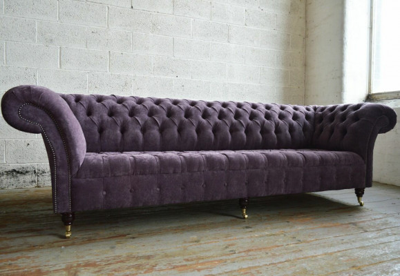 Lila Chesterfield Luxus Canapé Sofa Gepolstert 4 Sëtzer Couchen Sëtz Garnitur