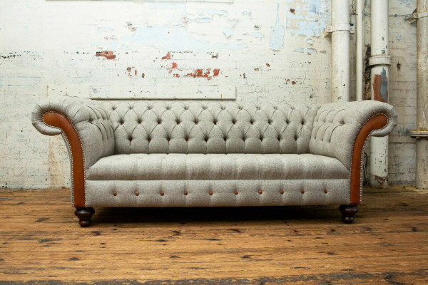 Grau Chesterfield Dräisëtzer Couch Polster Design Sofa Moderner 3er