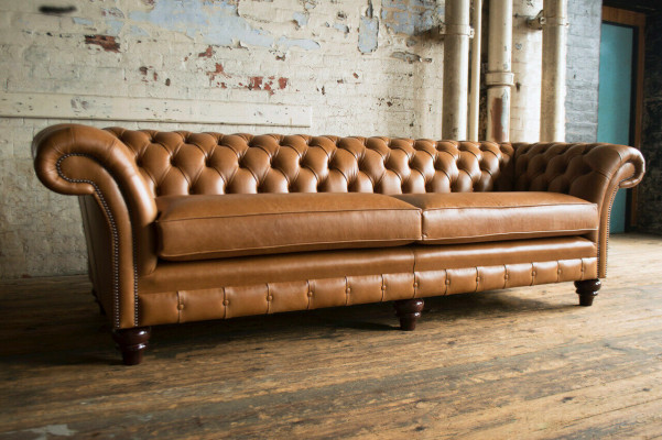 Braune Chesterfield Sofa Luxus 4-Sëtzer Couch Polster Stoff Sëtzer