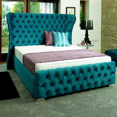 Chesterfield türkis-gréng Designer-Bett Schlofzëmmer Textil-Lieder Polster 180x200 cm