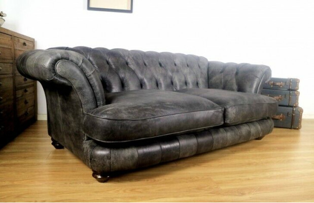 Chesterfield Grouss XXL Canapé % Lieder Schwaarz 3-Sëtzer Vintage-Stil