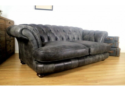 Chesterfield Grouss XXL Canapé % Lieder Schwaarz 3-Sëtzer Vintage-Stil