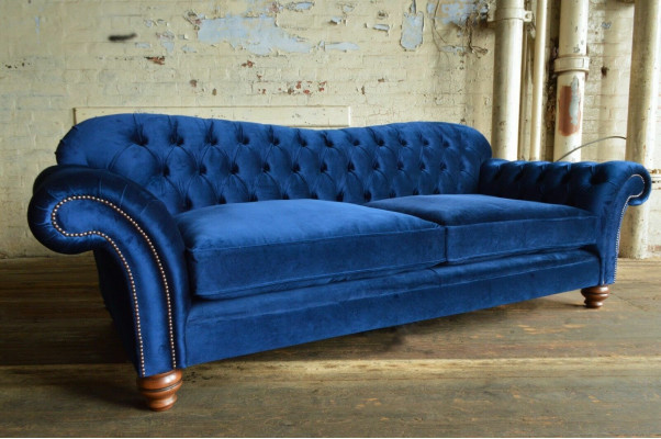 Design Sofa 4 Sëtzer Couch Textil Polster Blo Klassesch Sofas Chesterfield Nei