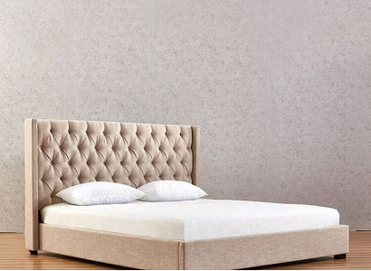 Beige Schlofschlofzëmmer Better gepolstert Bett Chesterfield Textilstoff Nei