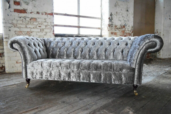 Dräi-Sëtzer Sëlwer Couch Polster Design Sofa 3-er Chesterfield Sofa