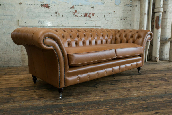 Canapé 3-Sëtzer Sofa Chesterfield Polster Sëtz Garnitur Lieder Brong Textil