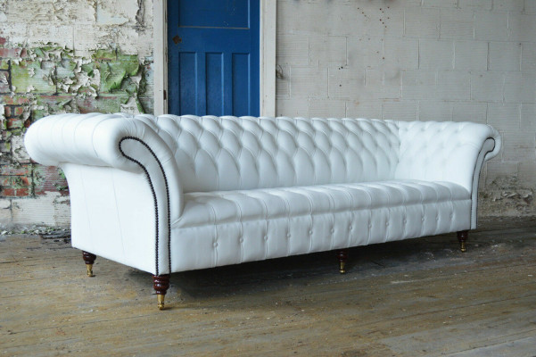 Klassesch Chesterfield Canapé 4 Sëtzer Sofa Canapé Samt Lieder Design grouss wäiss