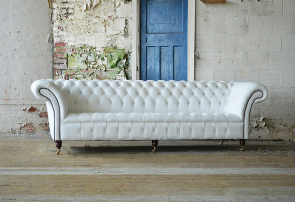 Klassesch Chesterfield Canapé 4 Sëtzer Sofa Canapé Samt Lieder Design grouss wäiss
