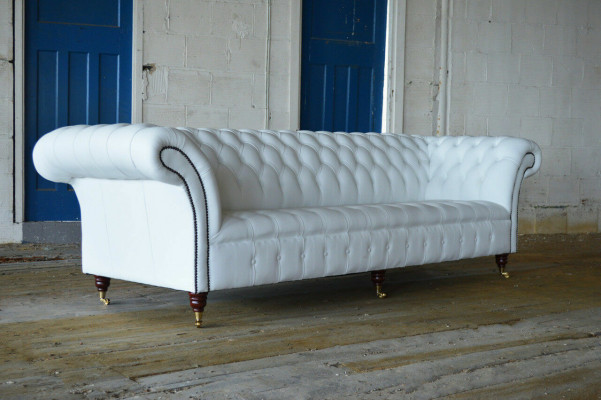 Klassesch Chesterfield Canapé 4 Sëtzer Sofa Canapé Samt Lieder Design grouss wäiss