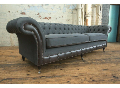 Klassesch Chesterfield Couch 4 Sëtzer Sofa Couch Samt Lieder Design Schwaarz Nei