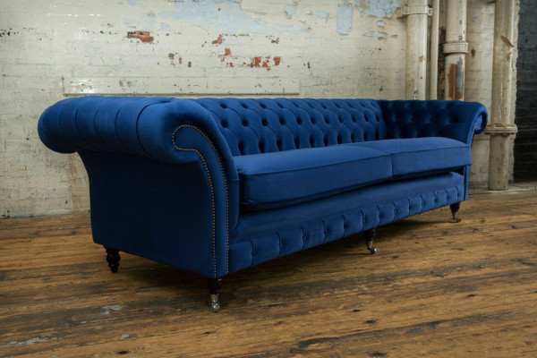 Klassesch Chesterfield Canapé 4 Sëtzer Sofa Canapé Samt Lieder Blo Design Polsterung