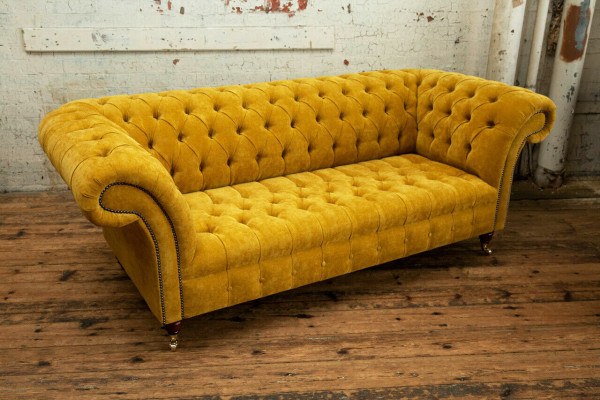 Designer giel Chesterfield 3-Sëtzer Luxus Dräisëtzer Couch