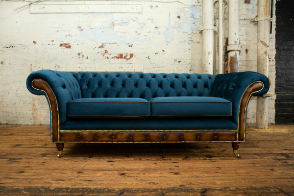 Blo Chesterfield Stoffsofa Couch Couchen Sofa Sëtz Sofas Polster Textil Nei