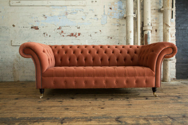 Luxus Orange Chesterfield 3-Sëtzer Designer Wunnzëmmer Couch