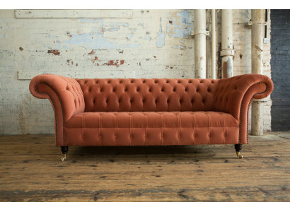 Luxus Orange Chesterfield 3-Sëtzer Designer Wunnzëmmer Couch