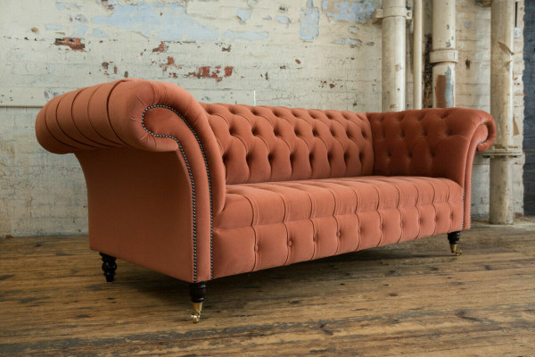 Luxus Orange Chesterfield 3-Sëtzer Designer Wunnzëmmer Couch
