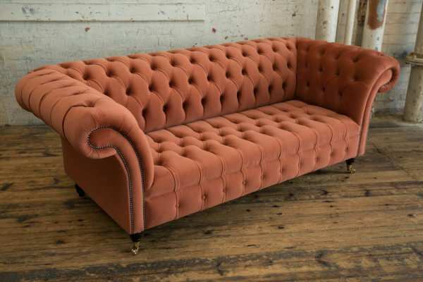 Luxus Orange Chesterfield 3-Sëtzer Designer Wunnzëmmer Couch