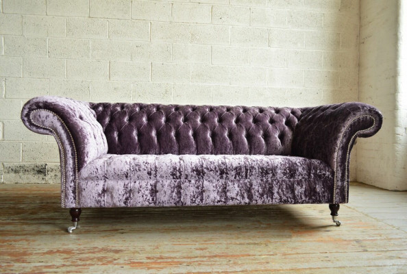 Stilvollen Liila Chesterfield Drësëtzer Luxus Wunnzëmmer 3er Couche