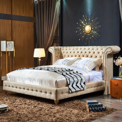 Klassesche Schlofzëmmer Bett Beige Textil Lieder Polster Duebelbett 180x200cm