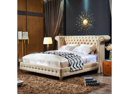 Klassesche Schlofzëmmer Bett Beige Textil Lieder Polster Duebelbett 180x200cm