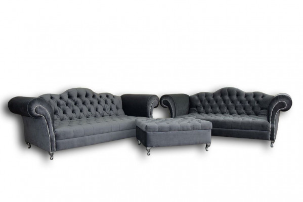 Sofagarnitur 3+2 Sëtzplazen + Hocker Chesterfield Sofa Stoff Lieder Couchen