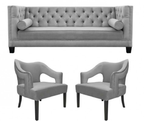 Sëlwer Samt Garnitur Sofagarnitur 3tlg. Set Kanapé Sëtz Këssen Chesterfield