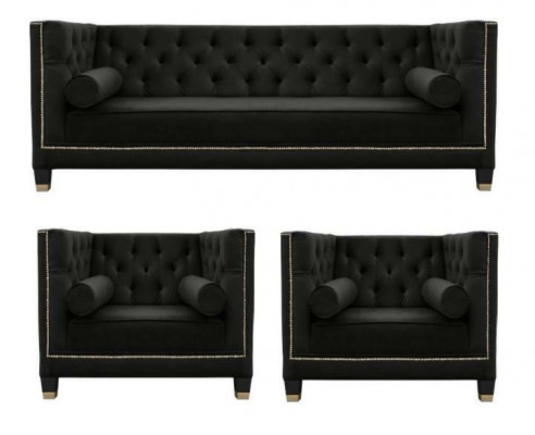 Schwaarz Wunnzëmmer Canapé Chesterfield Sëtzgrupp Dräsëtzer 3-Stéck