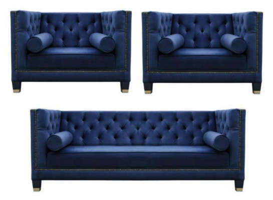 Chesterfield Blo Sofa-Garnitur 3tlg Set Couch Garnituren Sëtz Polster Grupp