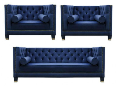 Chesterfield Blo Sofa-Garnitur 3tlg Set Couch Garnituren Sëtz Polster Grupp