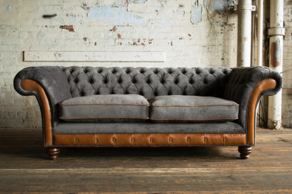 Grau-brongen Chesterfield 3-Sëtzer Luxus Couch fir d'Wunnzëmmer