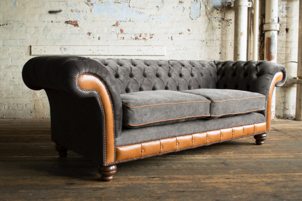 Grau-brongen Chesterfield 3-Sëtzer Luxus Couch fir d'Wunnzëmmer