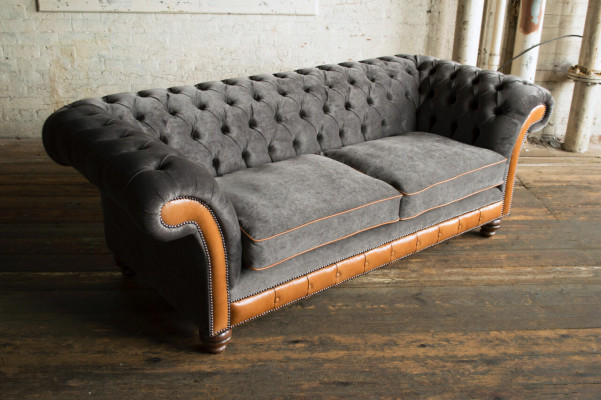 Grau-brongen Chesterfield 3-Sëtzer Luxus Couch fir d'Wunnzëmmer