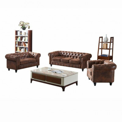 Braunen Luxus Chesterfield 3-Sëtzer Designer Wunnzëmmer Couch