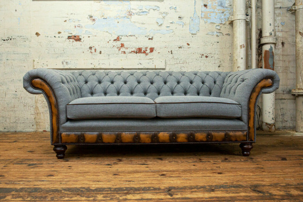 Grau Chesterfield Stoffsofa Canapéen Canapé Sofa Sëtz Sofas Textil Nei Polster.