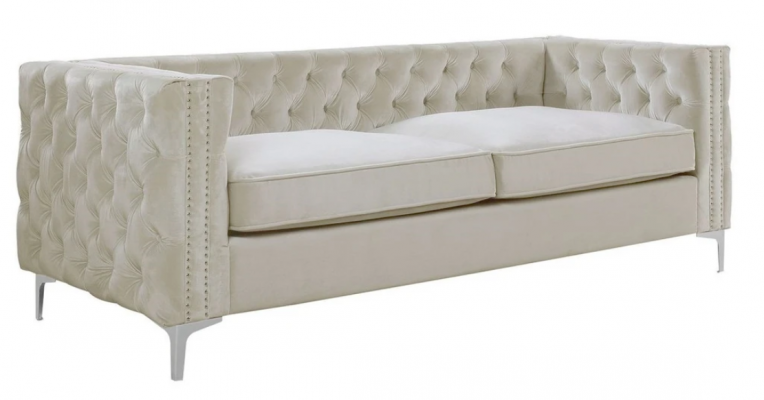 Chesterfield drësëtzegt Sofa Beige Textilstoff Couches Miwwel Samtfaarf wielen