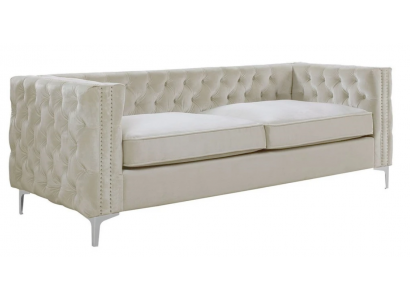 Chesterfield drësëtzegt Sofa Beige Textilstoff Couches Miwwel Samtfaarf wielen