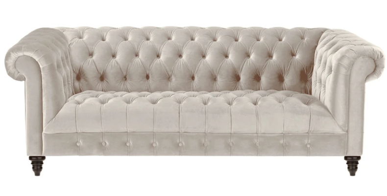 Chesterfield Béigen Samt Canapé Luxus Polster Miwwelen Sofa mat Knäppchen Dräisëtzert