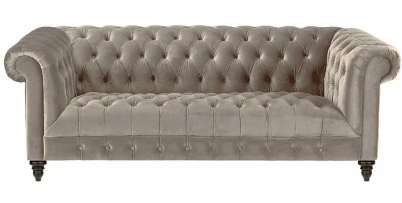 Béiges Sammet-Canapé Luxus Polster Chesterfield Miwwel Sofa mat Knäpper Draplazersofa