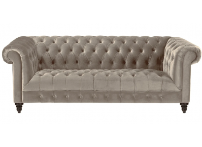 Béiges Sammet-Canapé Luxus Polster Chesterfield Miwwel Sofa mat Knäpper Draplazersofa