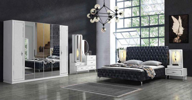 Schlofzëmmer Bett Nuetsdësch Kommod Spiegel Kleederschaf Chesterfield 5tlg.