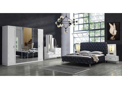Schlofzëmmer Bett Nuetsdësch Kommod Spiegel Kleederschaf Chesterfield 5tlg.