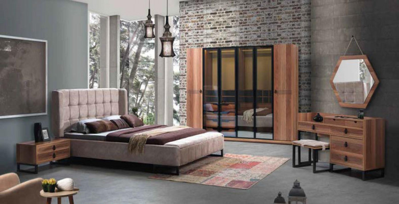 Schlofzëmmer Set 5tlg. Luxus Bett 2x Nuetsdësch Kommode Kleederschaf Holz Nei