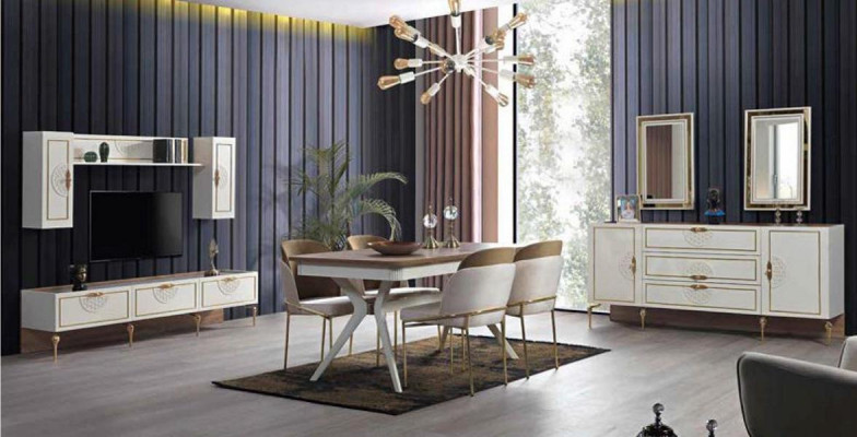 Iesszëmmer Garnitur Iessdësch 4x Stull Kommode Grupp Dësch 8-deele Set