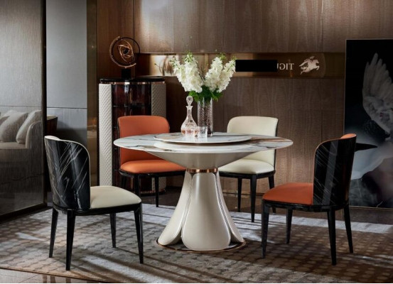 Iessdësch 4x Still Ronn Luxus Iessgeschir Design Grupp Iesszëmmer Miwwelen 5 Deeler.